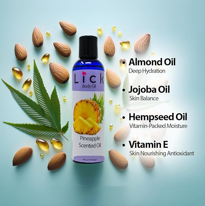 LICK Pineapple Tropical Scented Body Oil for Daily Hydration – Lightweight Non-Greasy Formula with Almond Oil & Vitamin E – 4 oz