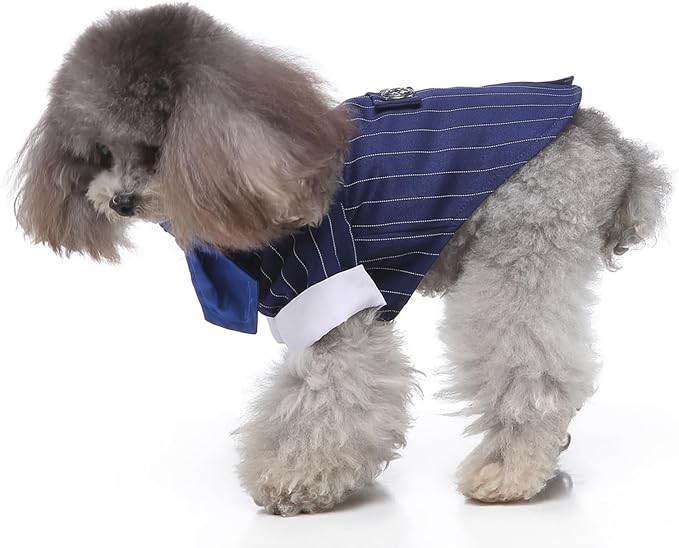 GabeFish Pets Wedding Jackets Suit for Dogs with Bow Tie Puppy Cat Formal Clothes Shirt Tuxedo (BlueStriped, XL (Chest 18.8in/48cm)
