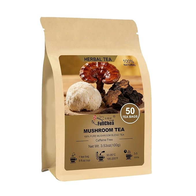 FullChea - Mushroom Blend Tea Bags, 50 Count, Mushroom Blend Herbal Tea | Mushroom blend tea, lion’s mane, reishi, chaga & licorice root, Non-GMO, caffeine-free, earthy mild flavor, gentle digestion