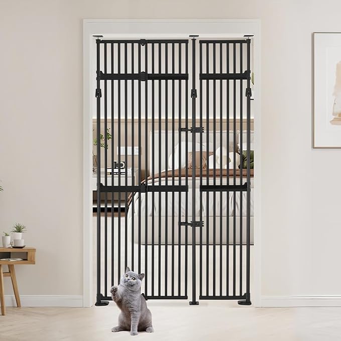 unipaws 86" High Extra Tall Cat Gate, Auto Closing and No Drilling, Black | Fit for 35"-51" Wide and 86"-98" Height Opening, Safety Gate for Doorway Hallway Stairs, Cat Dog Proof, Indoor Use