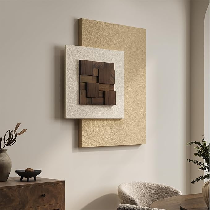 Cuspin Large 3D Wood Textured Neutral Wall Art, Modern Minimalist Wooden Artwork for Walls, Cotemporary Abstract Geometric Beige Wall Decor for Living Room Bedroom Dining Room Hallway