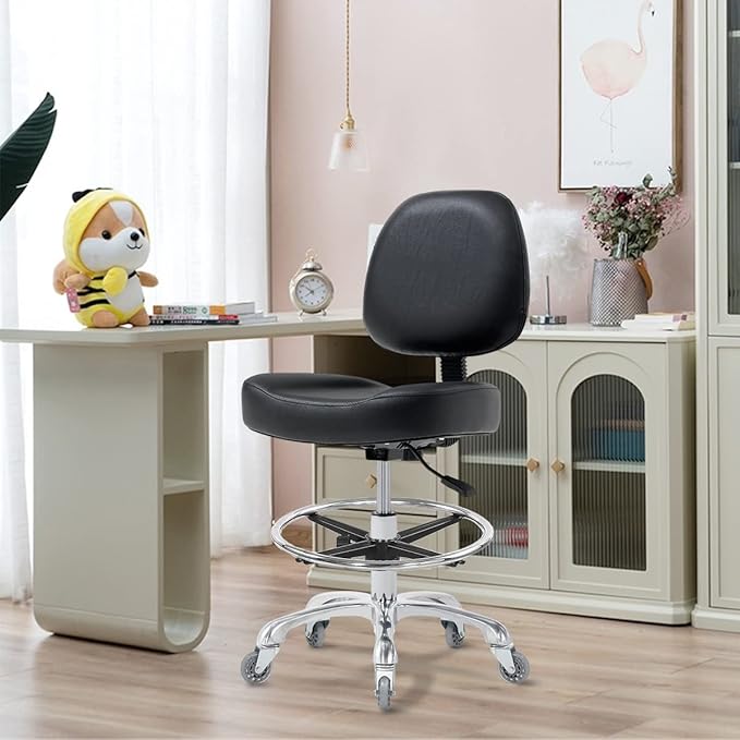 Drafting Chair Tall Office Chair for Standing Desk - Shop Stool with Backrest, Esthetician Drafting Stool with Wheels,Counter Height Chair for Studio, Workbench (Black, with Foot Rest)