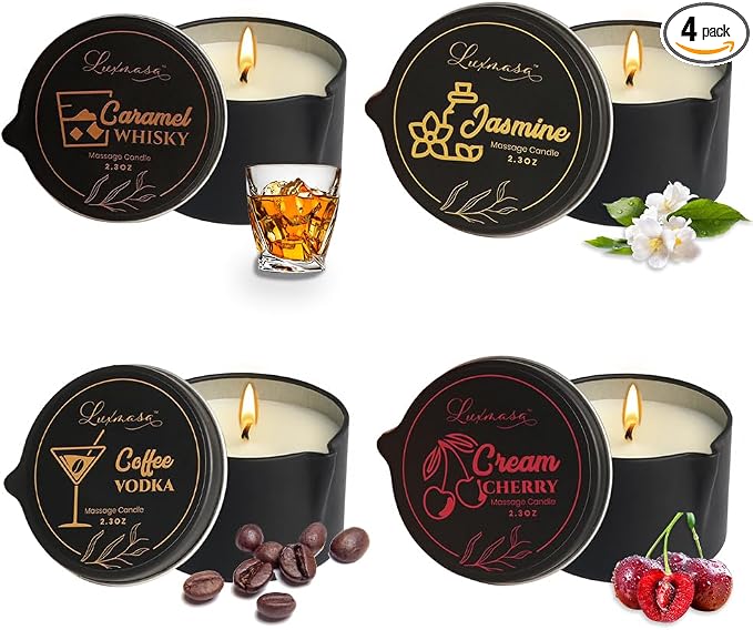 Soybean Wax Massage Oil Candle, Jasmine Caramel Whisky Coffee Vodka Cream Cherry, 4 Pack