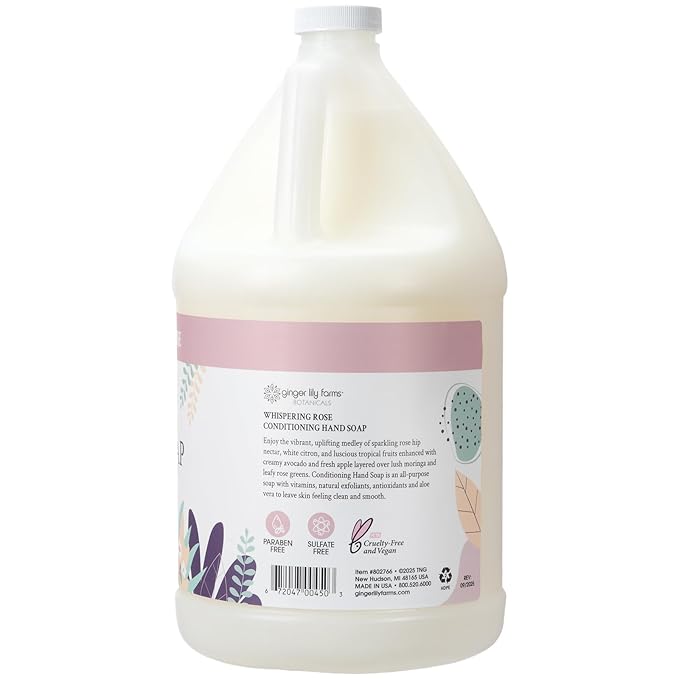 Ginger Lily Farms Botanicals Conditioning Liquid Hand Soap Refill, 100% Vegan & Cruelty-Free, Whispering Rose Scent, 1 Gallon (128 fl oz)