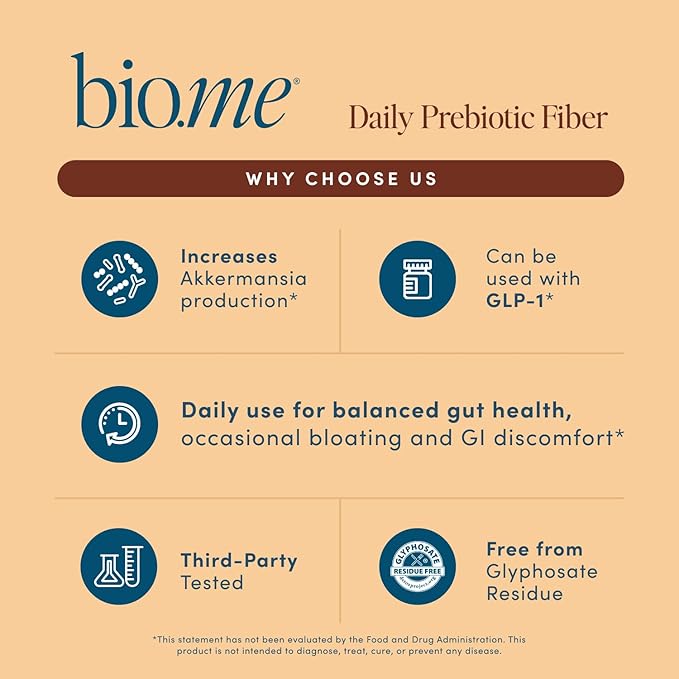 Bio.me Daily Prebiotic Fiber Powder Chocolate - 7g Per Serving - Soluble & Insoluble Fiber Supplement Powder for Women & Men - Digestive Health & Gut Health - GLP-1 Friendly, Sugar Free - 30 Servings