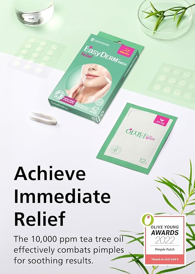 EasyDerm Relief Invisible Patch 3 Packs(126 counts) I 10,000 ppm Tea Tree Oil, Pimple Patch, Ultra-slim 0.1mm, Waterpoof, Korean Pimple Patches, Travel Essentials, Clear Skin Season