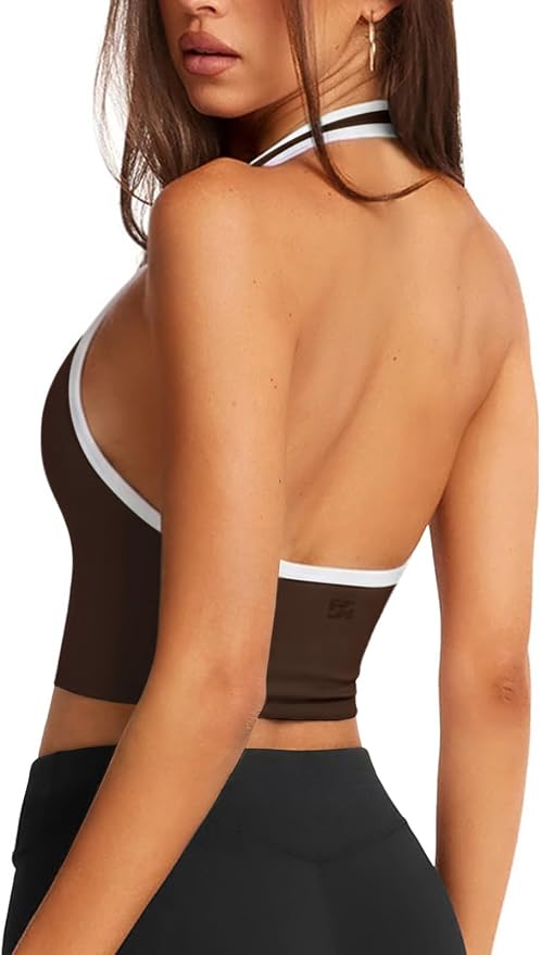 Halter Workout Top for Women: Open Back Sports Bra Color Block Tops with Built in Bra Yoga Gym Crop