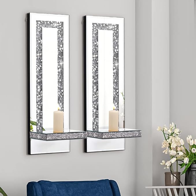 Mirrored Wall Candle Sconces Holder Set of 2, Wall Decor Living Room | Crystal Crushed Diamond Silver Wall Decorations, Ideal for Entryway, Hallway, Bedroom, Dining Room