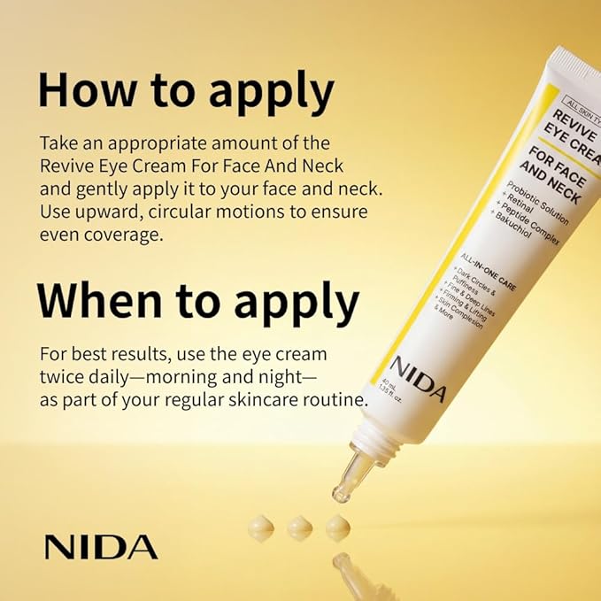 NIDA Revive Eye Cream For Face And Neck | Probiotics Lystate Solution, Retinal, Peptide Complex, Bakuchiol | Wrinkles, Fine Lines, Cell Turnover, Firm Skin Texture, Radiant Skin | 1.35 fl. oz., 40ml