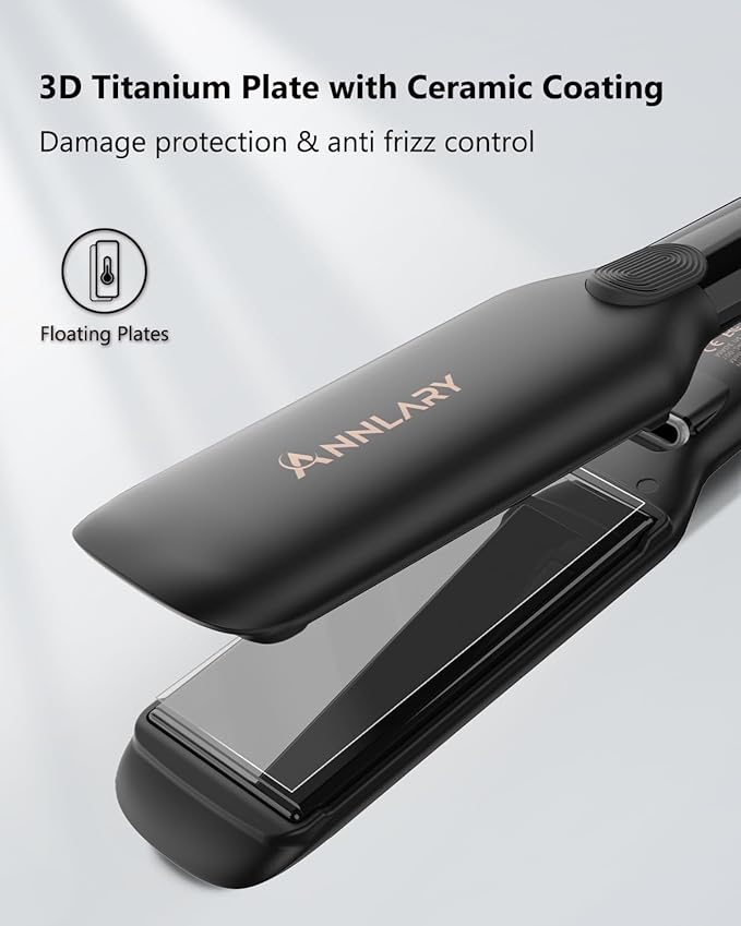 Annlary 1.75 Inch Hair Straightener, Professional Titanium Plate with Ceramic Coating Ionic Dual Voltage Flat Iron with Heat-Resistant Silicone, for Less Frizz, Shinier & Smoother Hair