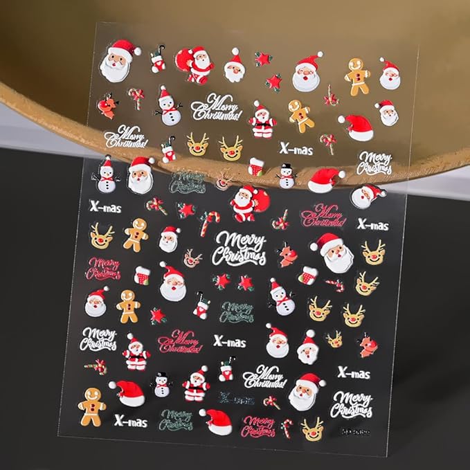 Christmas Nail Stickers for Nail Art, 5D Embossed Self-Adhesive Hat Deer Nail Decals, Mushroom Nail Supplies Nail Art Design Accessories for Women and Girls Manicure DIY Decoration