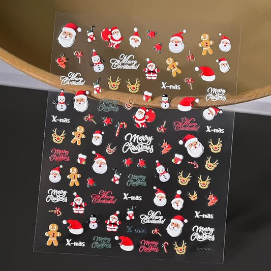 Christmas Nail Stickers for Nail Art, 5D Embossed Self-Adhesive Hat Deer Nail Decals, Mushroom Nail Supplies Nail Art Design Accessories for Women and Girls Manicure DIY Decoration