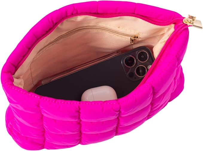 Hot Pink Puffer Quilted Makeup Bag for Women with Furry Keychains - 10" Roomy Puffy Cosmetic Pouch, Travel Toiletry Organizer Bag (HP-Fu-HP)
