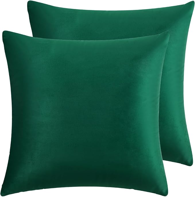 Velvet Decorative Throw Pillow Covers, Soft Square Cushion Case Home Decor for Living Room Couch Bed Sofa, Set of 2 Pack, Christmas Green, 18x18 Inch