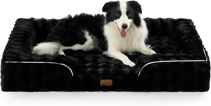 COZY KISS Faux Fur Orthopedic Dog Bed Washable for Extra Large Dogs, XXL | Soft Warm Pet Sofa with Sides or Bolster, Non-Slip and Big Dog Couch with Removable Waterproof Cover, 48x35 inch, Black