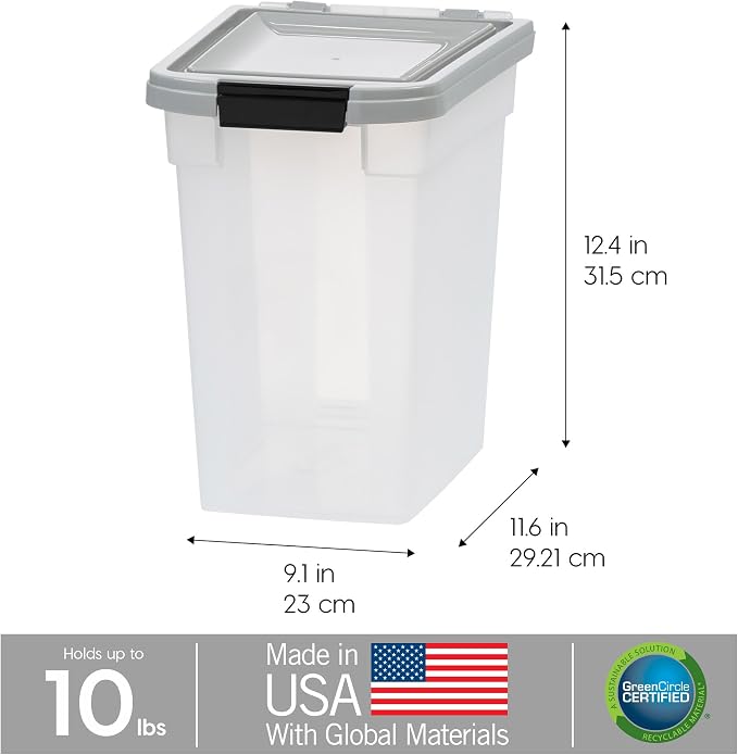 IRIS USA Dog Food Storage Container, Up to 10 lbs, Clear/Gray, Made in USA