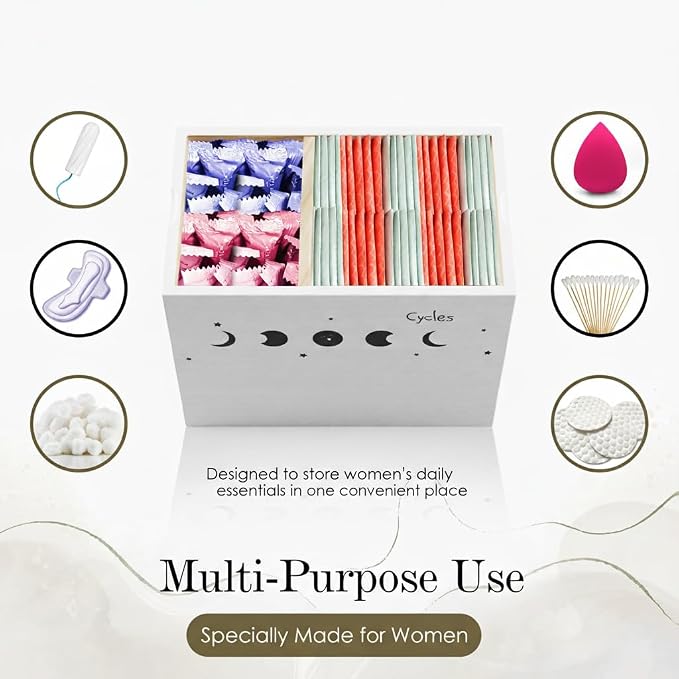 HOTCAN Discreet Wooden Tampon Holder for Bathroom with Built-In Vanity Lid | Feminine Pads Dispenser Organizer for Bathroom Countertop | Compact and Elegant Design | Multiple Mounting Options (Moon)