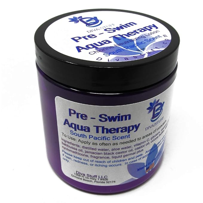 Diva Stuff Pre-Swim Aqua Therapy Chlorine Neutralizing Body Moisturizing Lotion for Swimmers, Protects Skin from Chlorine and Salt Water, 8 oz - Made in the USA, Fresh South Pacific