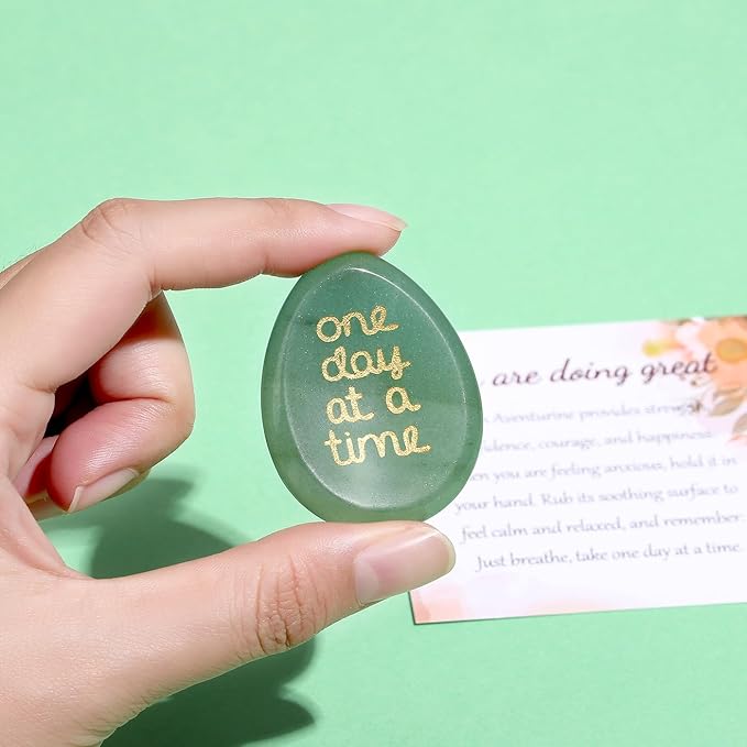 One Day at A Time Green Aventurine Thumb Worry Stone for Anxiety Crystals Hand Thumb Stones Pocket Thinking of You Gifts for women Inspirational Worry Stones for Stress Relief Sobriety Gifts for Her