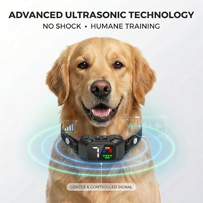 Ultrasonic Dog Bark Collar, No Shock, Humane Bark Control with 6 Training Modes & 7 Sensitivity Levels, Sound & Vibration, Rechargeable & Waterproof, for Small Medium Large Dogs