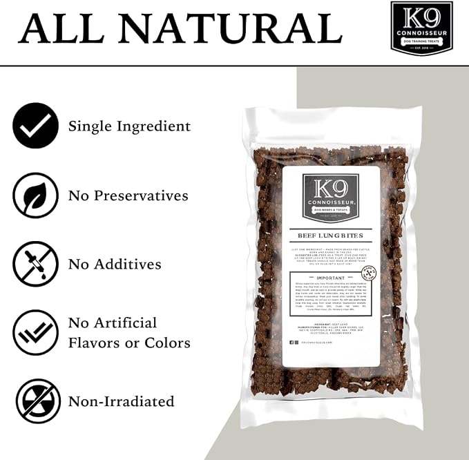 K9 Connoisseur Beef Lung Dog Treats - USA Made Single Ingredient Dog Treat | Bulk Dogs Treat, Grain Free, Low Calorie, Training, for All Breeds & Sizes - 8 oz