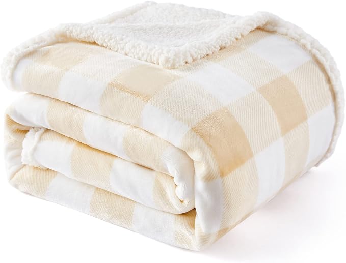 Sherpa Buffalo Plaid Twin Blanket 60" X 70", Fuzzy Fluffy Soft Cozy Throw Blanket, Fleece Flannel Plush Microfiber Blanket for Couch Bed Sofa(Beige)