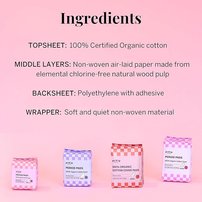 Pixie Organic Cotton Ultra Thin Large Pads for Women – Extra Heavy Absorbency with Wings – Leak-Proof, Hypoallergenic & Unscented for Feminine Care – Compostable, Biodegradable – 48 Count