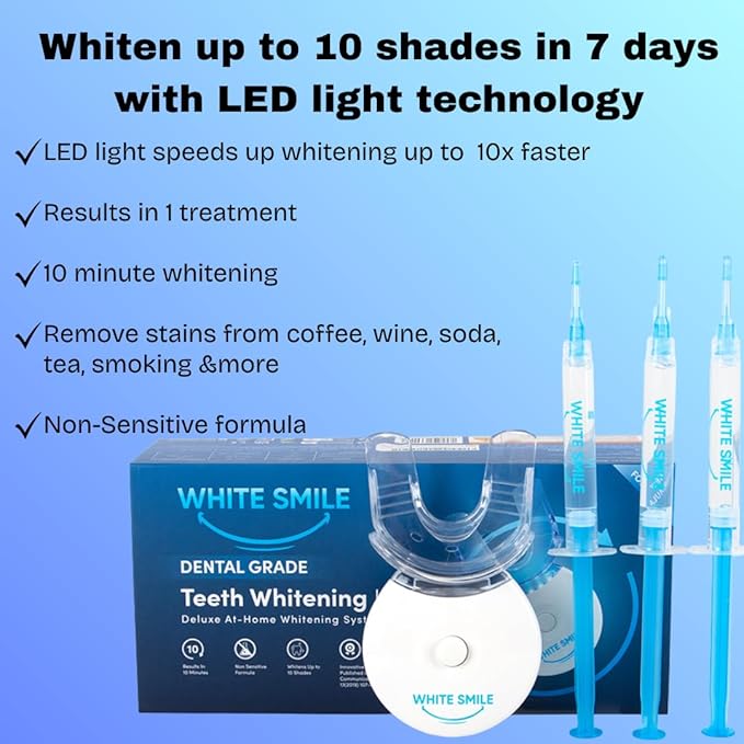 WHITE SMILE Teeth Whitening Kit with LED Light, 35% Carbamide Peroxide 3 Gel Syringes, 10-Minute Treatment, Non-Sensitive Formula, Helps to Remove Stains from Coffee, Smoking, Wines, Soda, Food