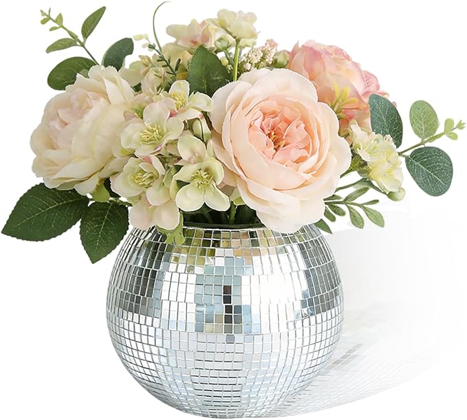 Disco Ball Vase Mirrored Ball Plant Holder Silver Mosaic Glass Disco Planter Centerpiece Decorative Discos Balls Vase Ideal for Weddings,Parties,Birthdays,Celebrations Disco Table Decor (5“ x 6”)