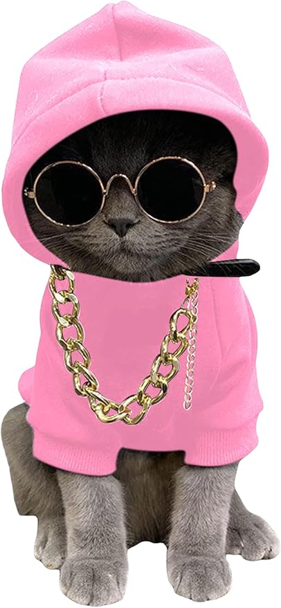 3Pcs Dog Hoodie Cat Apparel Dog Custume Set with Necklace and Sunglasses Pet Clothes for Puppy Small Medium Dogs Cats Light Pink XX-Small