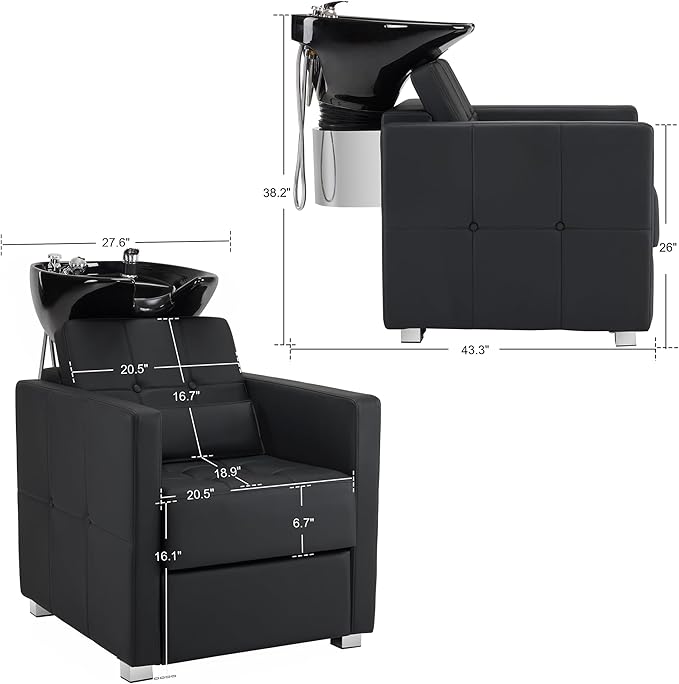 BarberPub Backwash Shampoo Station Chair, Adjustable Porcelain Ceramic Hair Wash Bowl, Vacuum Breaker, Professional Shampoo Chair and Bowl Unit for Salon and Spa 9309 (Black)