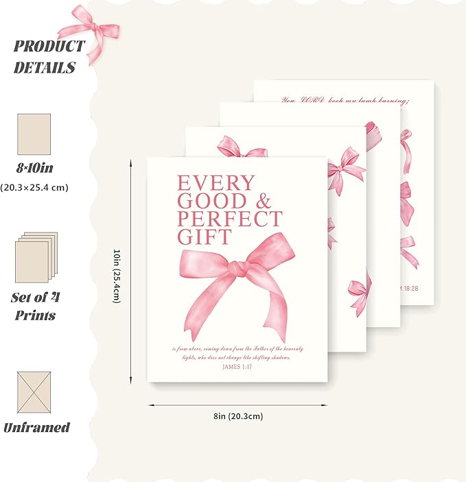 LARTSFRO Coquette Pink Bow Christian Wall Art Decor Posters, Pink Bow Christian Bathroom Room Bedroom Dorm Wall Art Decor Aesthetic for College Teen Girls Gifts,Inspirational Bible Verses Bow Wall Decor, 10x8 Inch Set of 4 Bow Pictures(UNFRAMED)