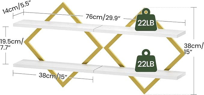 Floating Shelves for Wall, Set of 2 Wall Mounted Shelves, 2-Tier Hanging Shelves, for Living Room, Bedroom, Kitchen, Office, Study, Gold and White TBJ01P2JW