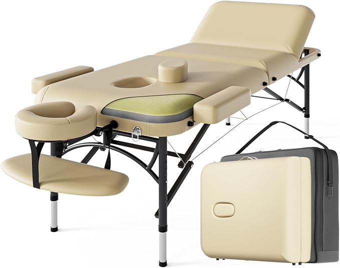 Professional Massage Table Portable 3 Fold Premium Memory Foam Aluminium Leg Hold Up to 1100LBS 8 Heights Adjustable with Carrying Bag Cream