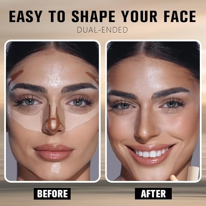 Nude + Light Beige Contour Stick Dual Ended Face Body Makeup Waterproof no Transfer, 2 in 1 Cream Concealer Stick Contouring Makeup Kit, Nose Contour Bronzer Sticks Face Highlighter Make up