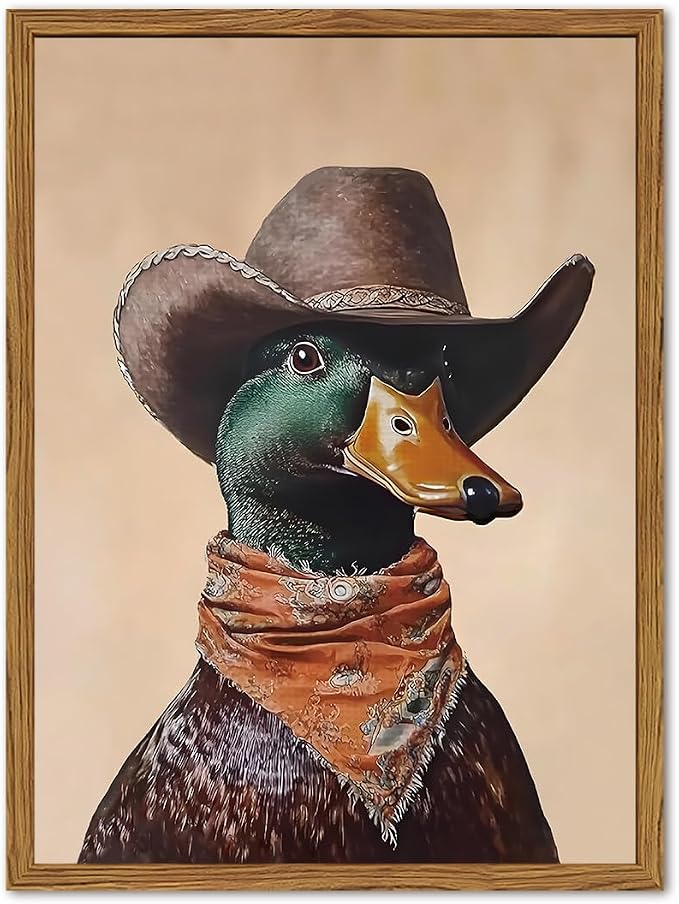 Framed Vintage Western Duck Wall Art, Cowboy Mallard Duck Pictures Wall Decor, Whimsical Farmhouse Animal Paintings Canvas Prints Rustic Home Decor for Living Room Bedroom Bathroom 12x16 inch