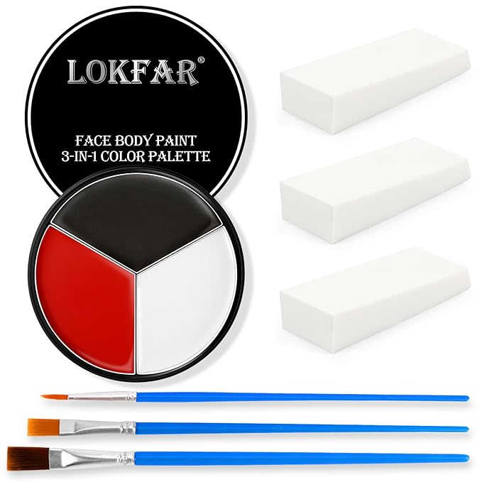 Black White Red Face & Body Paint - Blendable Facepaint Foundation with Sponge & Brush for Skin, Professional Halloween Face Make-up Kit for Zombie Clown Vampire Skeleton Skull Joker Costume