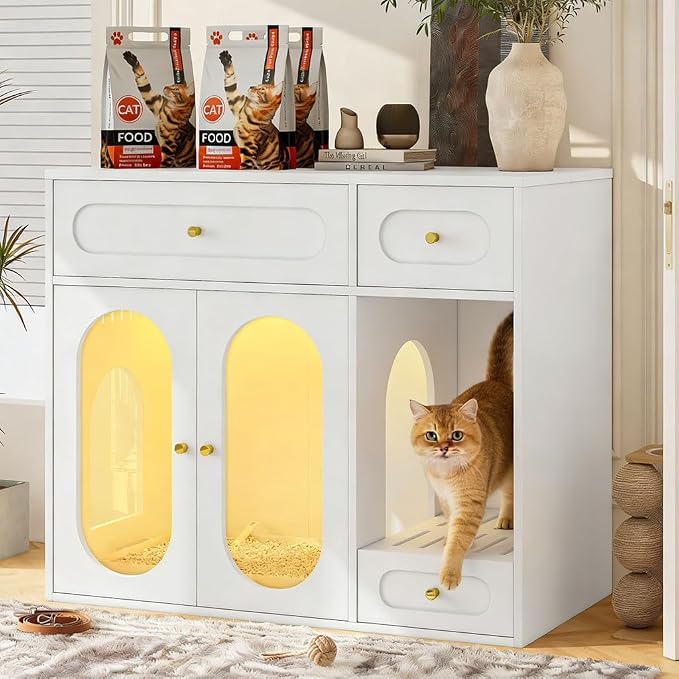 Hidden Cat Litter Box Enclosure Furniture with LED Light, Modern Litter Box Cabinet with Drawers & Acrylic Door, Multi-Entry Cat House Sideboard for Living Room, 37.4"W x 15.6"D x 31.5"H,White