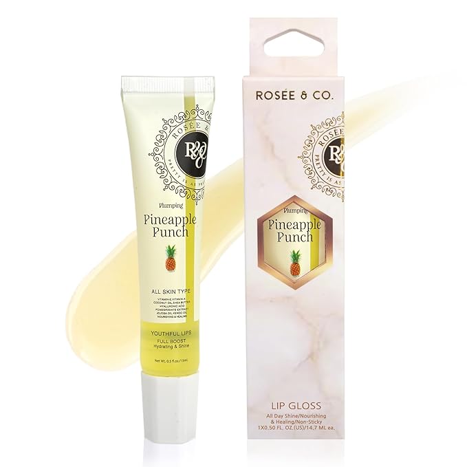Rosee Lip Gloss Vegan & Cruelty Free Treatment, Professional Make up, Long Lasting Glossy with Shea Butter, Moisturize, Protect & Smooth, High Shine, Non-Sticky (r. Pineapple Punch, 0.5)