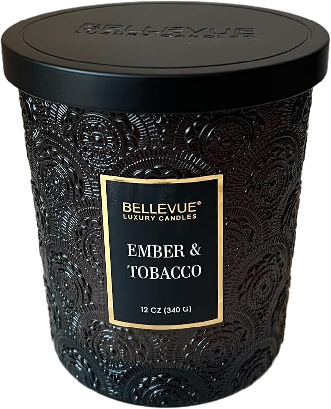 Bellevue Luxury Candles, 12 OZ Soy Blend Candle, Embossed Glass, Fragrances formulated with Essential Oils, Home Fragrances, Scented Candles Gift Set ǀ Scent: Ember & Tobacco