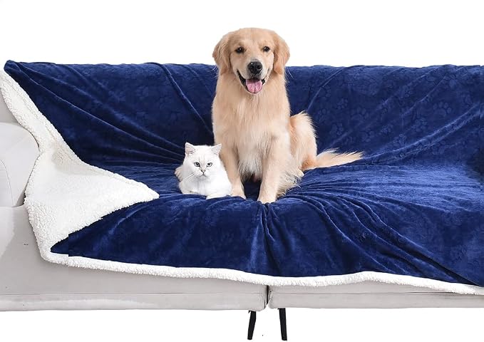 Dog Blankets for Large Dogs - Waterproof Cat Blanket Washable - Sherpa Fleece Puppy Blanket, Soft Plush Reversible Throw Protector for Bed Couch Car Sofa, 60"X80", Navy Blue