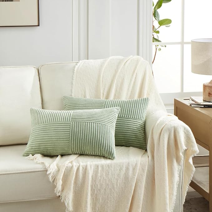 Fancy Homi Sage Green Lumbar Decorative Throw Pillow Covers 12x20 Inch for Living Room Couch Bed, Rustic Farmhouse Boho Home Decor, Soft Striped Corduroy Rectangle Accent Cushion Case 30x50 cm