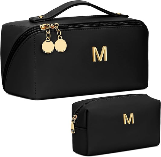 Birthday Gifts for Women Teen Girl, Personalized Initial Makeup Organizer Bag Set, Open Flat Travel Cosmetic Bag With Clear Divider and Handle(Black,M)