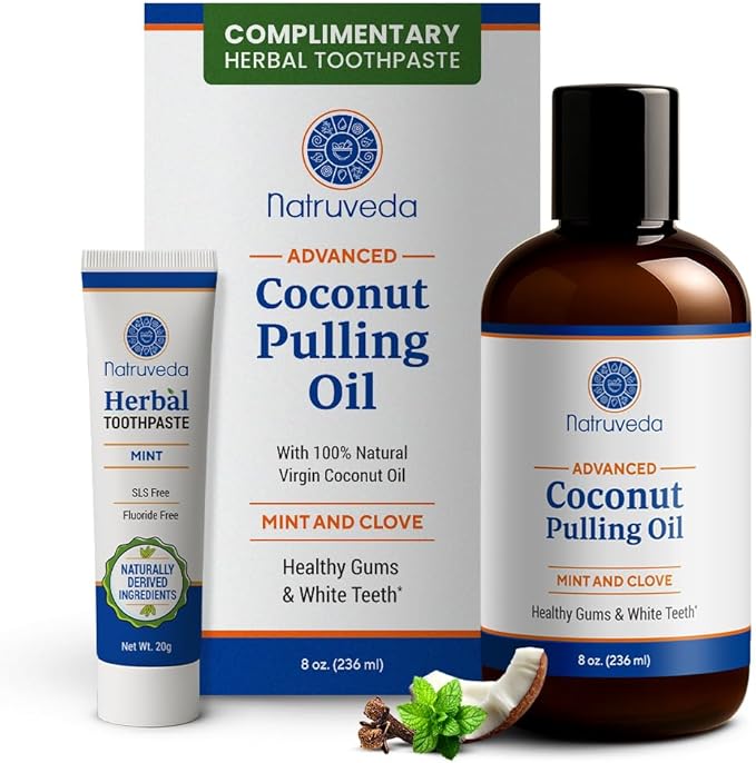 Natruveda Coconut Oil Pulling Mouthwash – 8 oz, Virgin Clove & Mint Blend, Ayurvedic Oral Rinse for Teeth Whitening, Natural Mouthwash for Gums, Gentle Pulling Oil for Daily Use