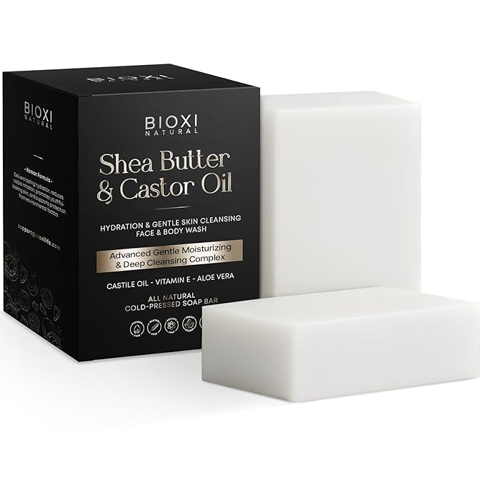 Shea Butter & Castor Oil Soap Bar - Advanced Hydration & Gentle Skin Cleansing Moisturizing Face & Body Wash - Natural Korean Cold-Pressed Formula with Castile Oil, Vitamin E & Aloe Vera - 2 Pack