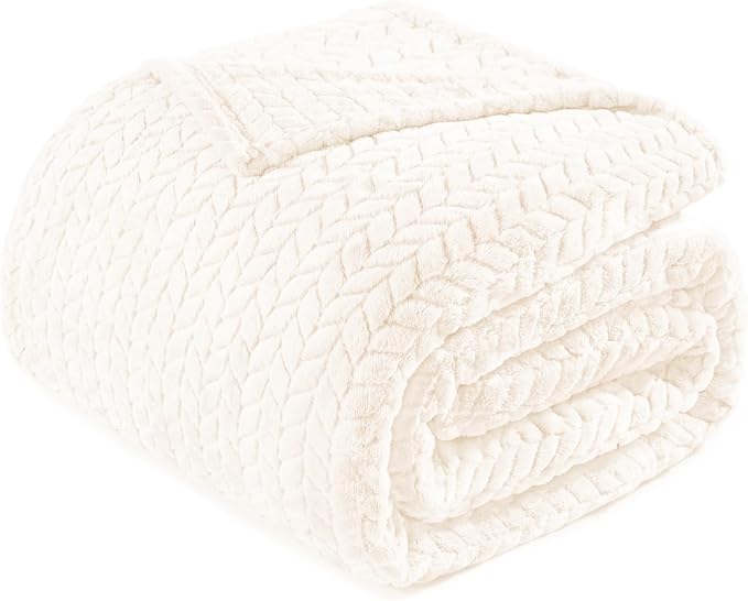 Exclusivo Mezcla Soft Fleece Bed Blanket Twin Size, 60”x80”, Off White | Cozy Fluffy Lightweight Blankets for Summer, Decorative Plush Flannel Throws for Living room, Bedroom with Leaves Pattern