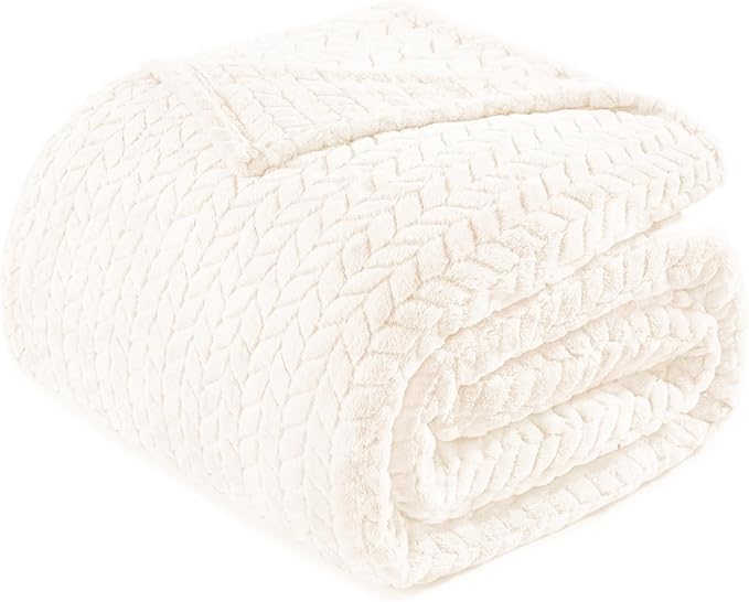 Exclusivo Mezcla Soft Fleece Bed Blanket King Size, 90”x104”, Off White | Cozy Fluffy Lightweight Blankets for Summer, Decorative Plush Flannel Throws for Living room, Bedroom with Leaves Pattern