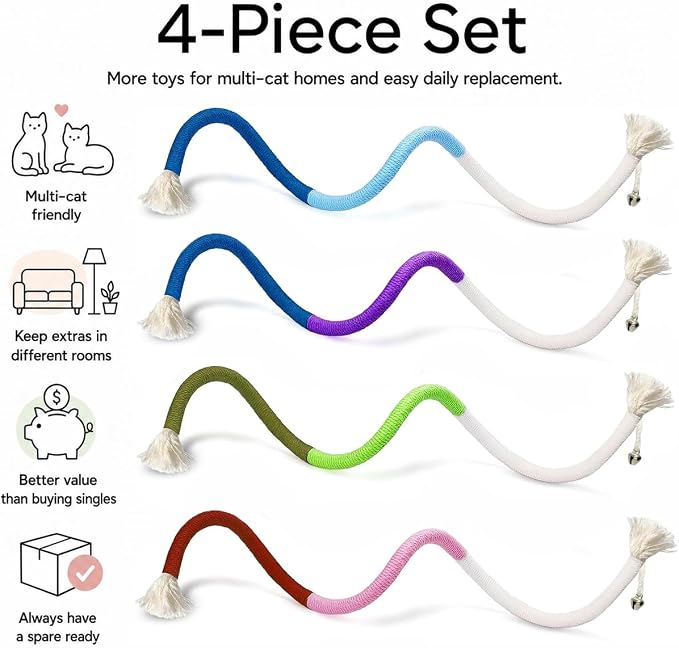 4-Pack Cat Toys for Indoor Cats, Woven Cotton Rope Toys with Bells