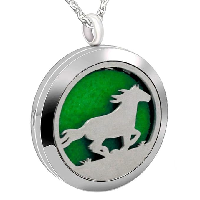 Essential Oil Diffuser Necklace,Perfume Stainless Steel Aromatherapy Horse Locket Pendant with 24" Chain & 8 Pads, Birthday Christmas Jewelry Gift for Women Men