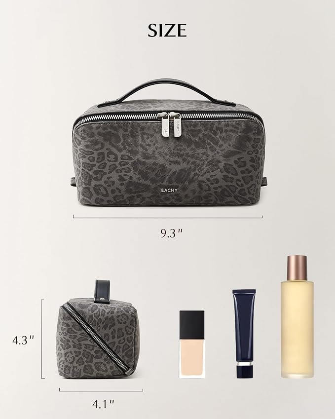 EACHY Travel Makeup Bag, Large Capacity Cosmetic Bag for Women, Waterproof PU Leather, Flat Open Portable Toiletry Bag for Skincare, Brushes & Travel Essentials